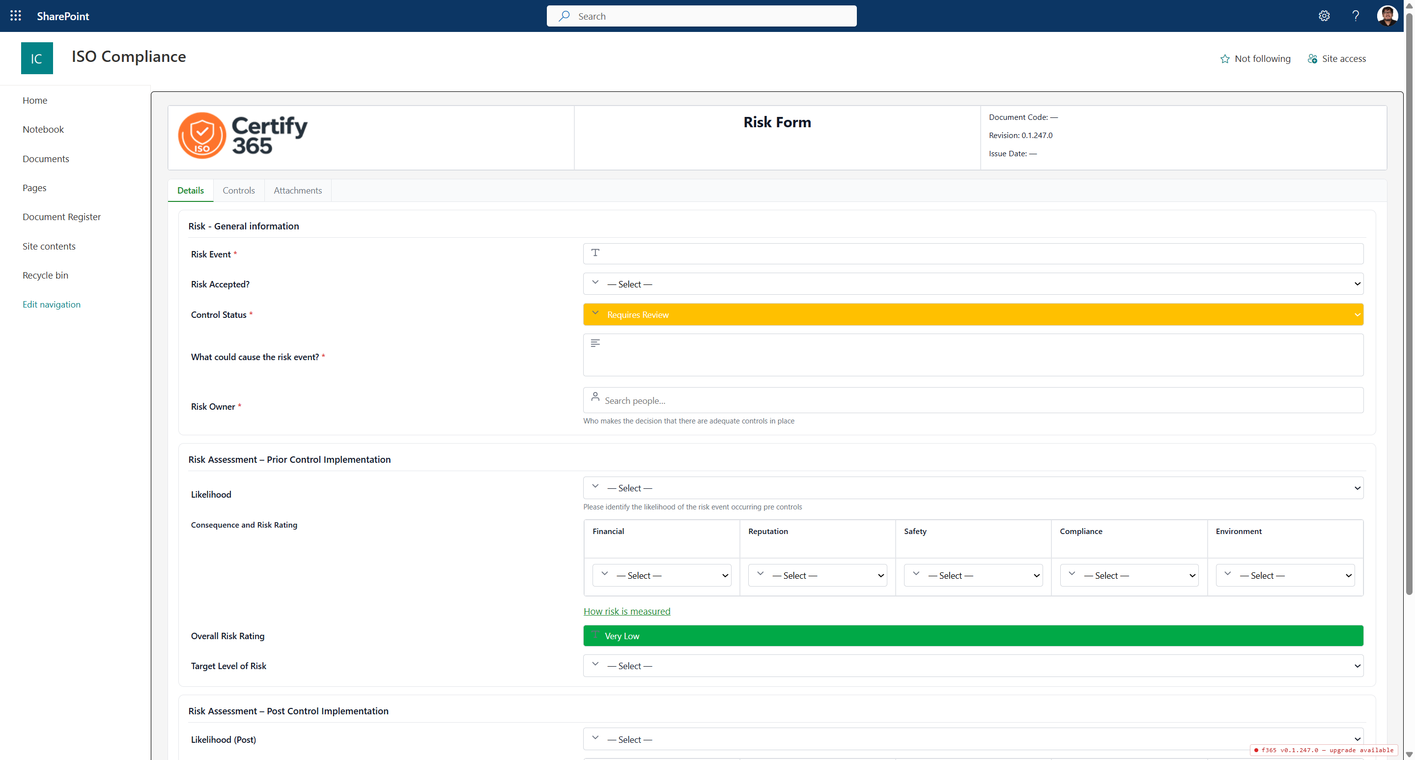 ISO risk register form built with Forms 365, rendered natively in SharePoint