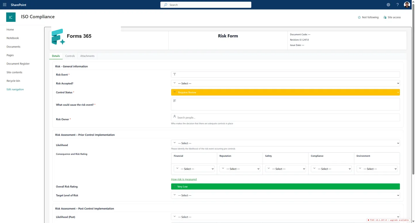 ISO risk register form built with Forms 365, rendered natively in SharePoint