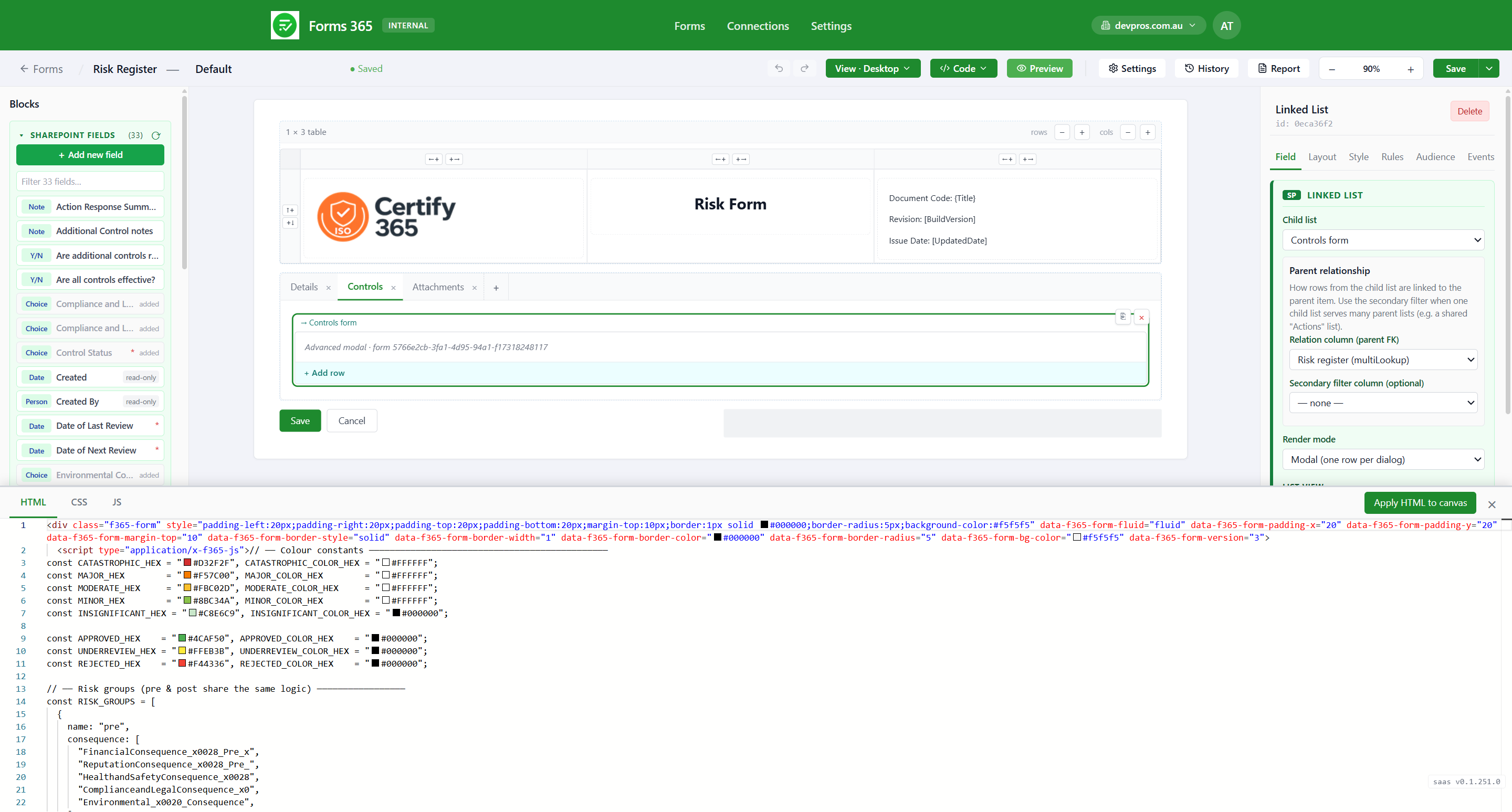 Forms365 Workspace optional HTML, CSS and JavaScript for advanced SharePoint forms