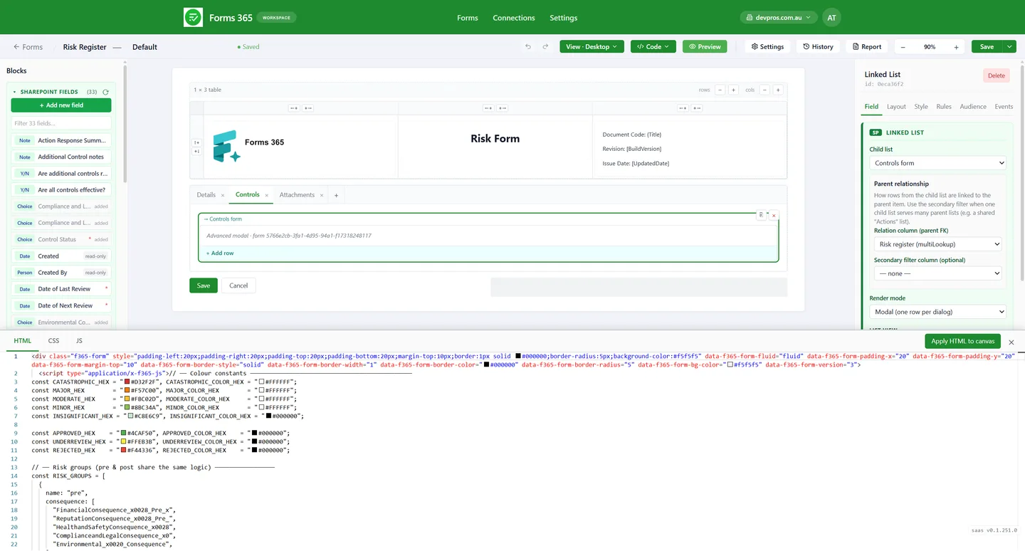 Forms365 Workspace optional HTML, CSS and JavaScript for advanced SharePoint forms