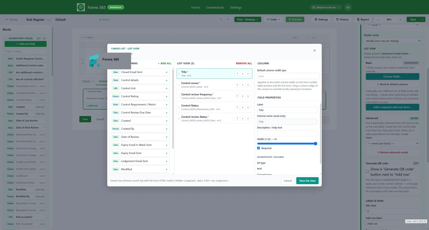 Forms365 Workspace linked SharePoint lists for related records