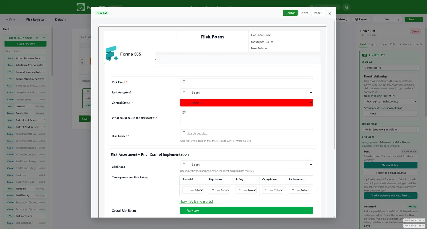 Forms365 Workspace responsive preview across desktop, tablet and mobile