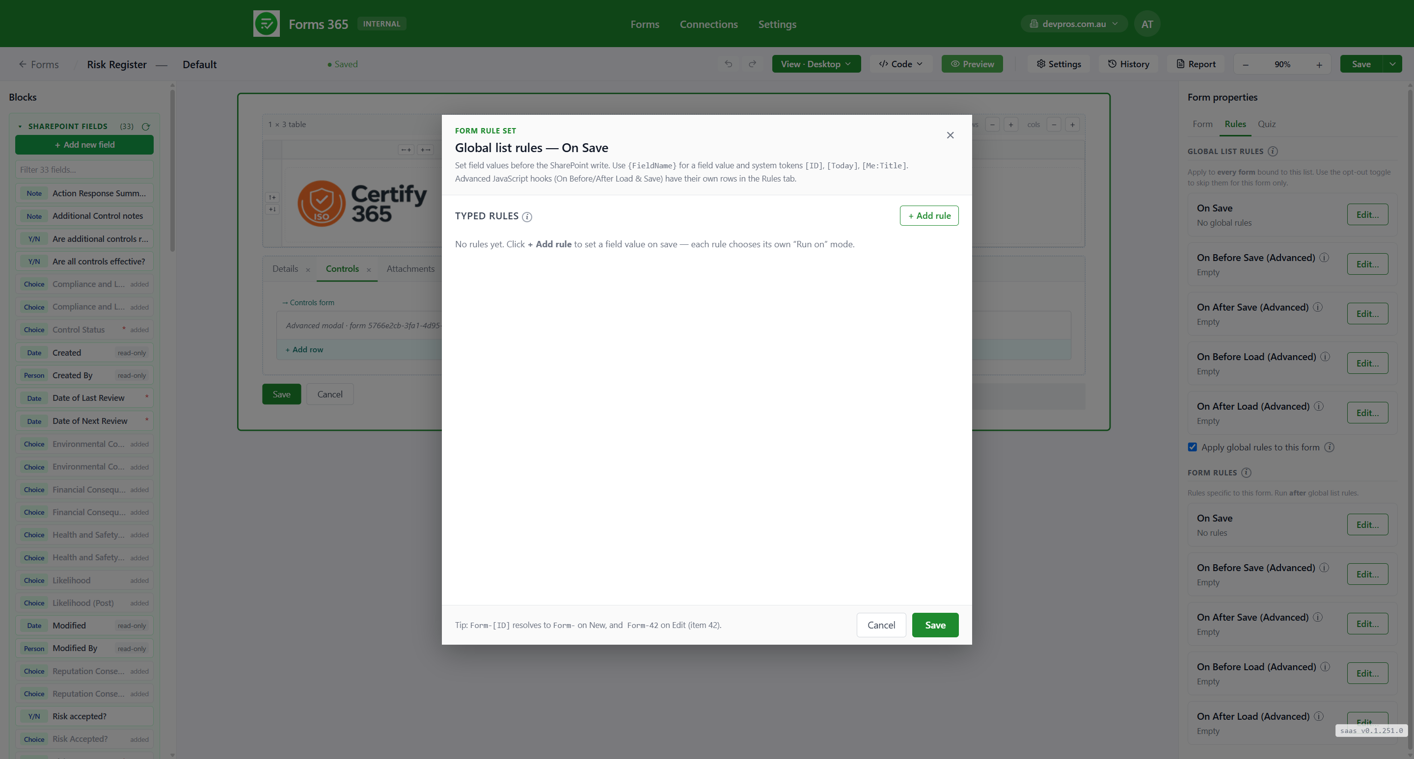 Forms365 Workspace automation rules running on save without Power Automate premium
