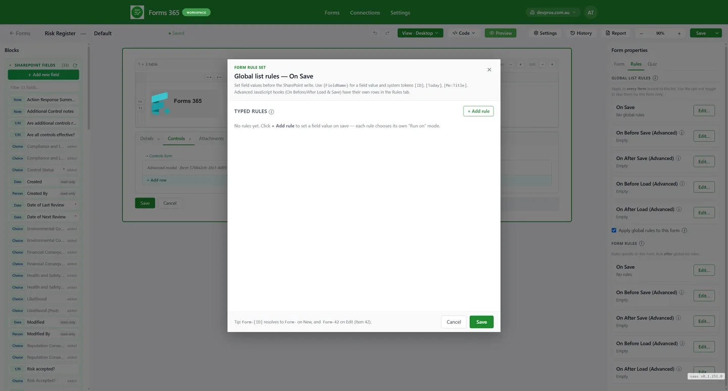 Forms365 Workspace automation rules running on save without Power Automate premium