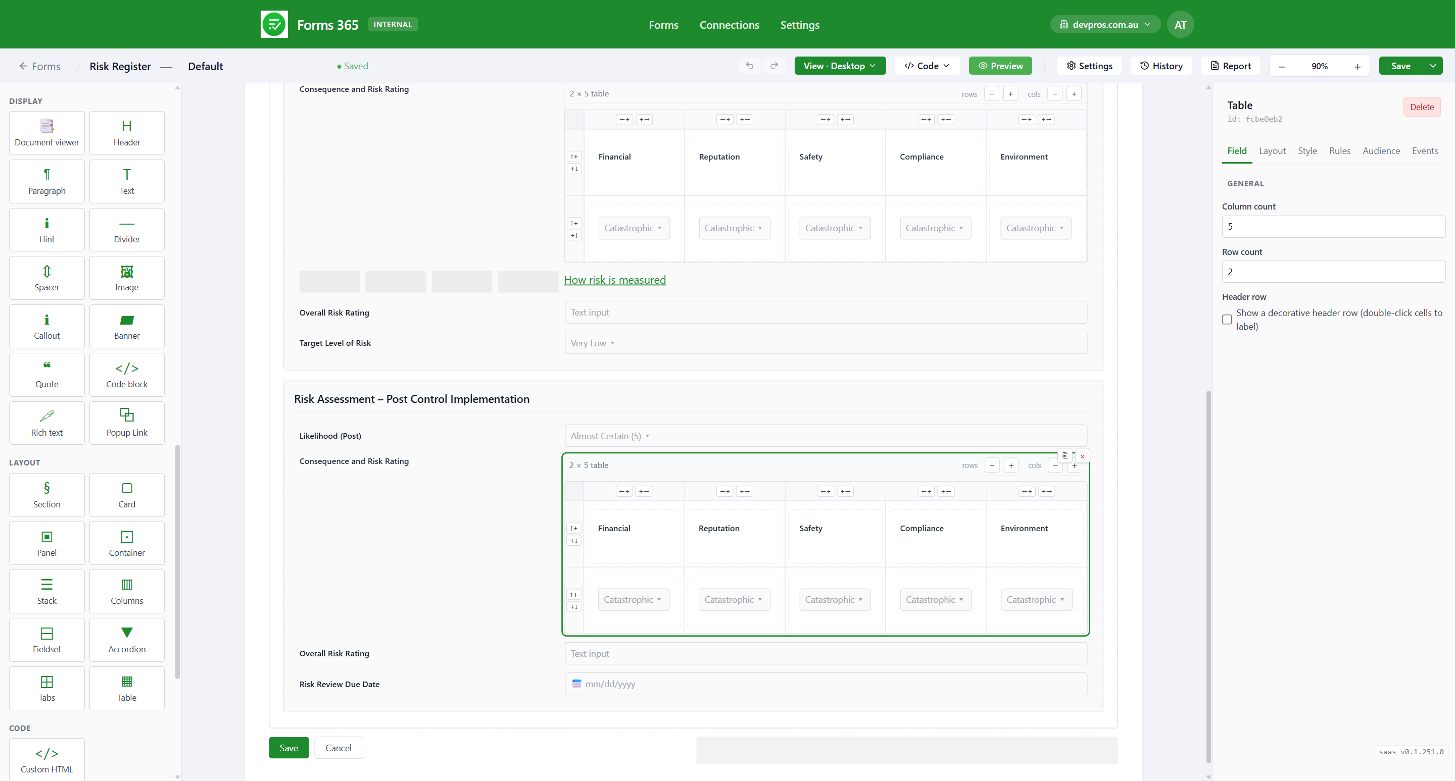 Forms365 Workspace layout blocks and tables for multi-column SharePoint forms