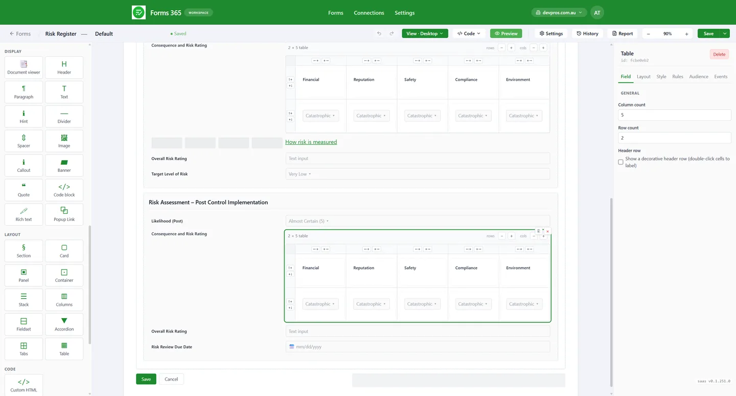 Forms365 Workspace layout blocks and tables for multi-column SharePoint forms