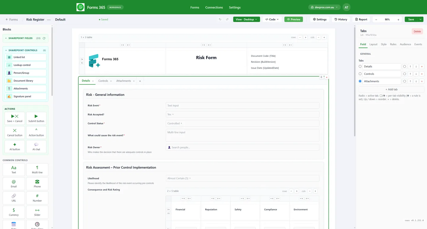 Forms365 Workspace SharePoint controls: linked lists, people picker, signature and attachments