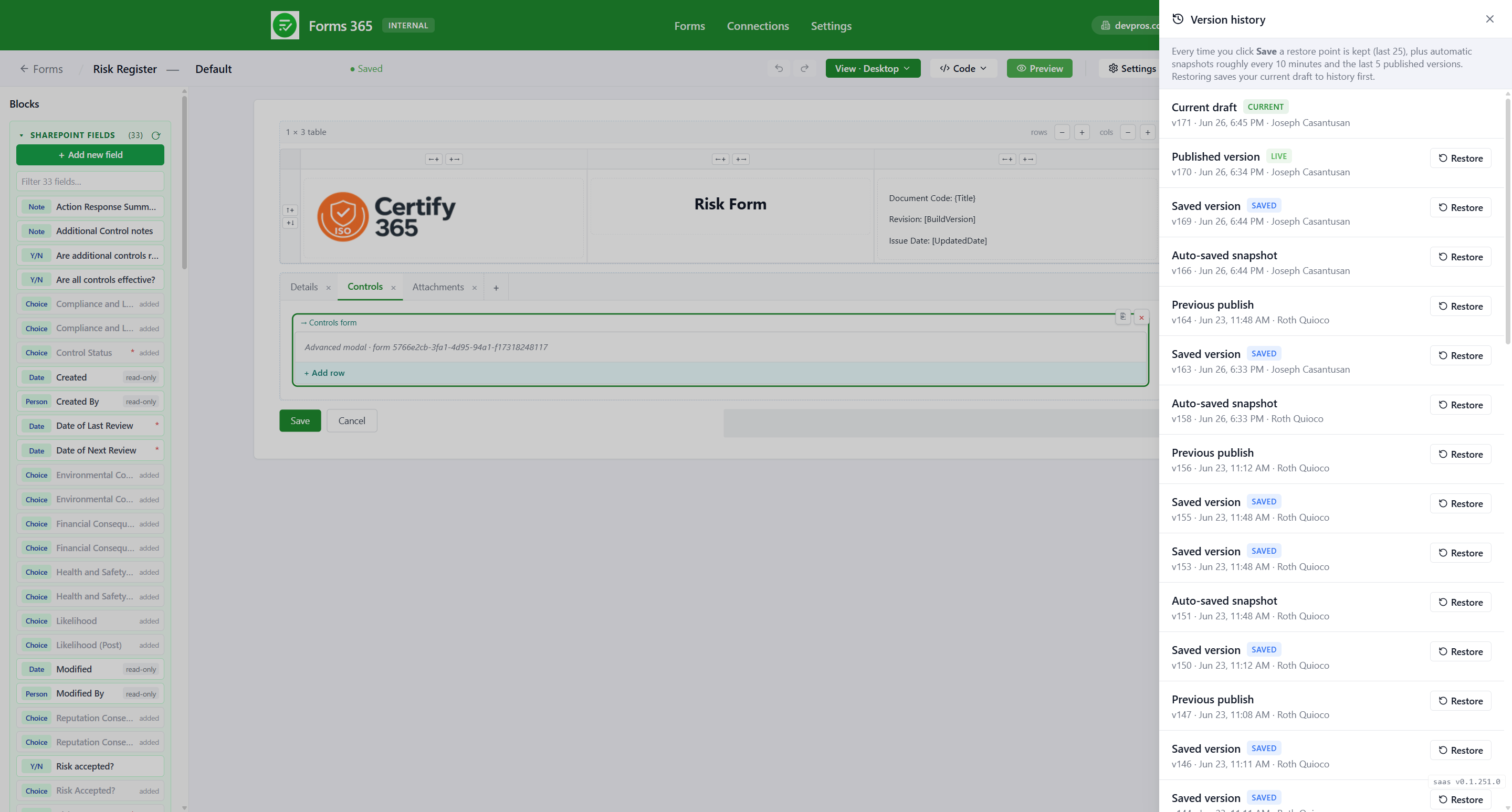 Forms365 Workspace version history with restore points for every saved form