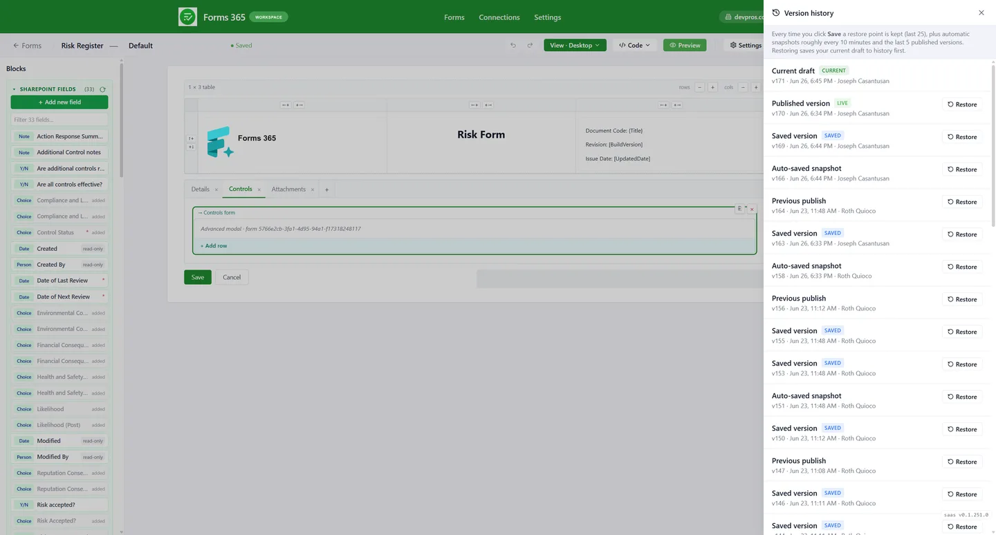 Forms365 Workspace version history with restore points for every saved form