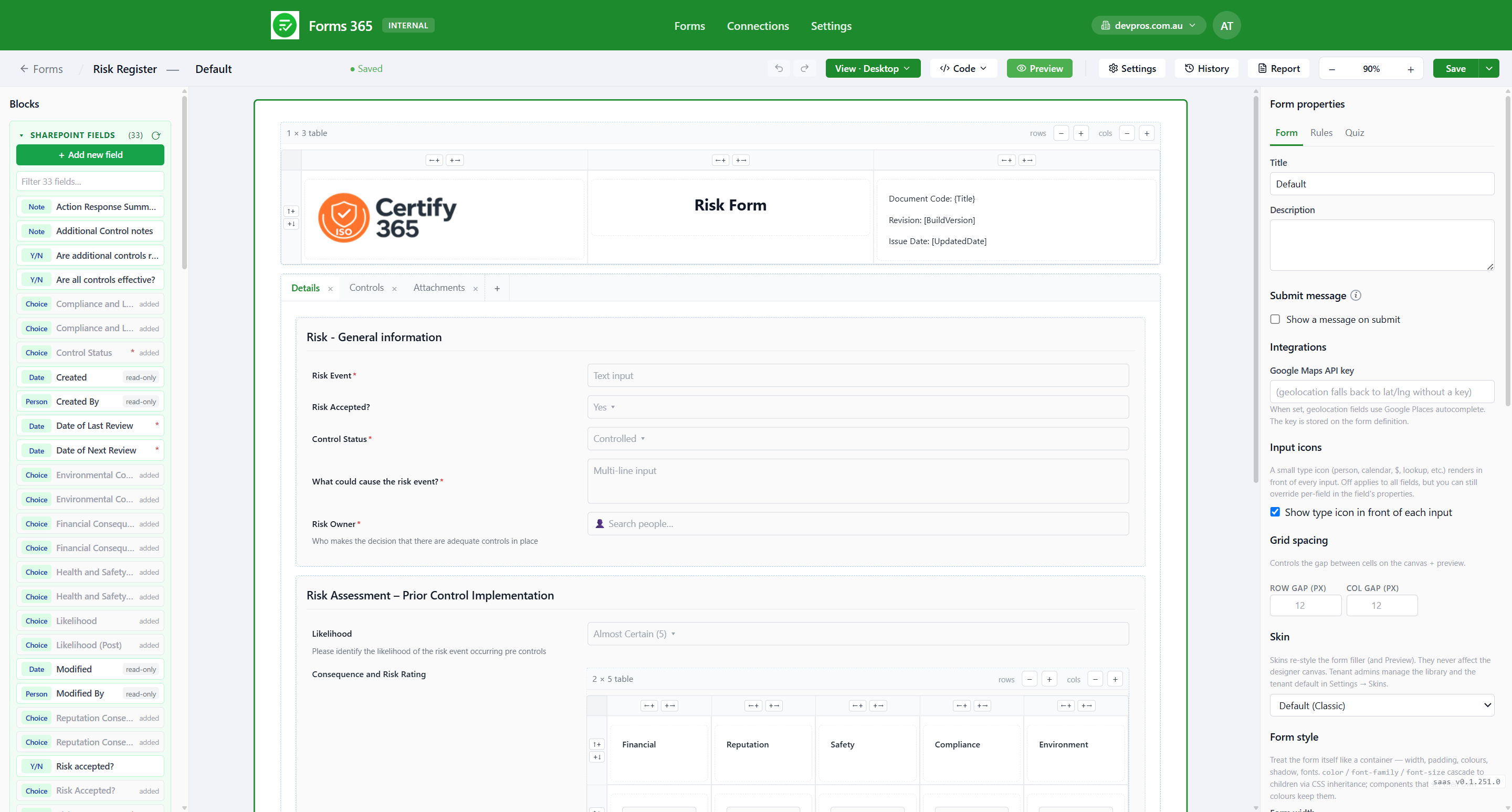 Forms 365 Internal form designer showing drag-and-drop SharePoint list fields