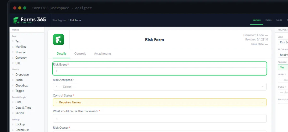 Forms365 Workspace form designer showing drag-and-drop SharePoint list fields