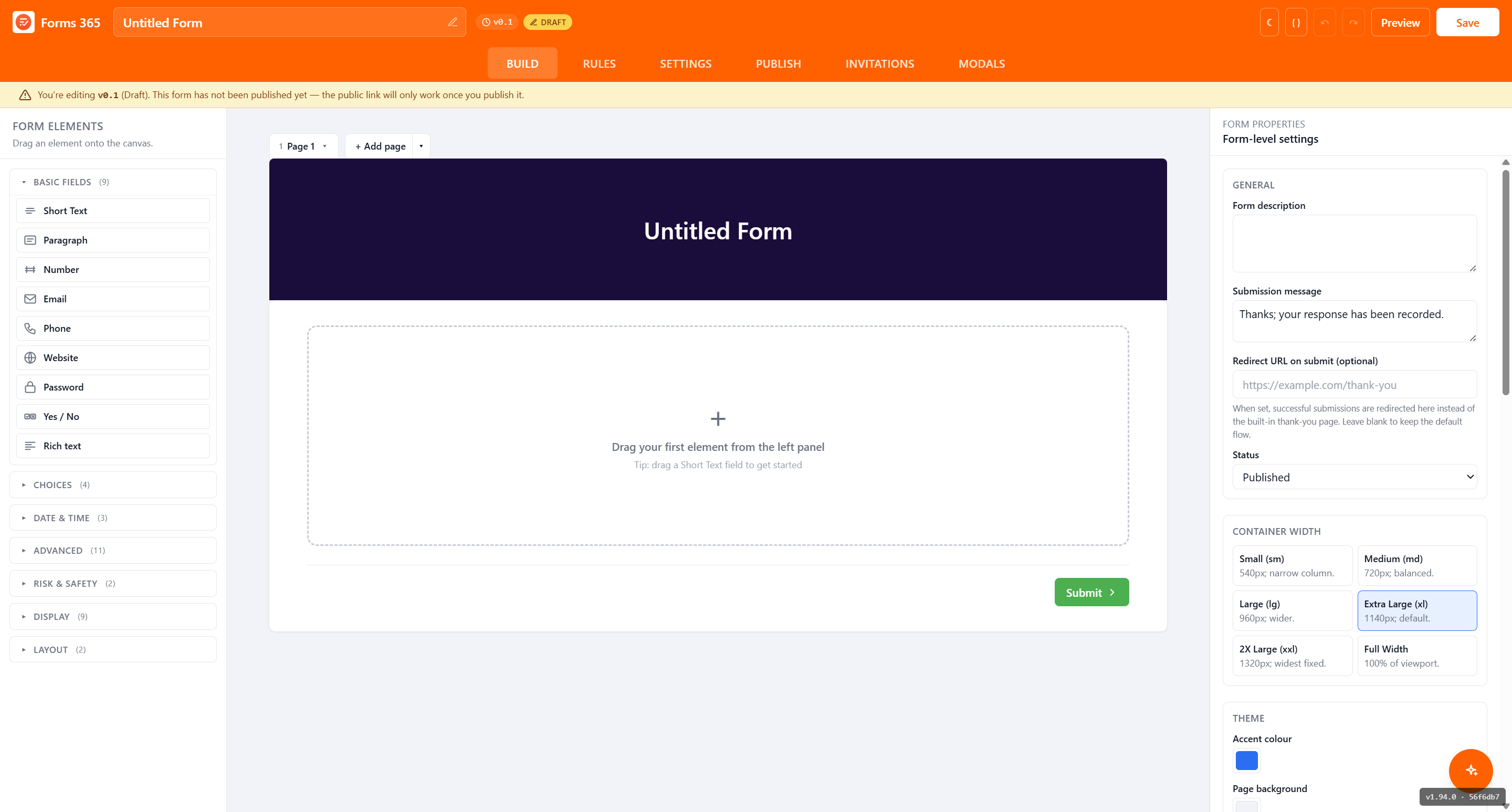 Forms 365 Public drag-and-drop form builder showing the field panel and form canvas