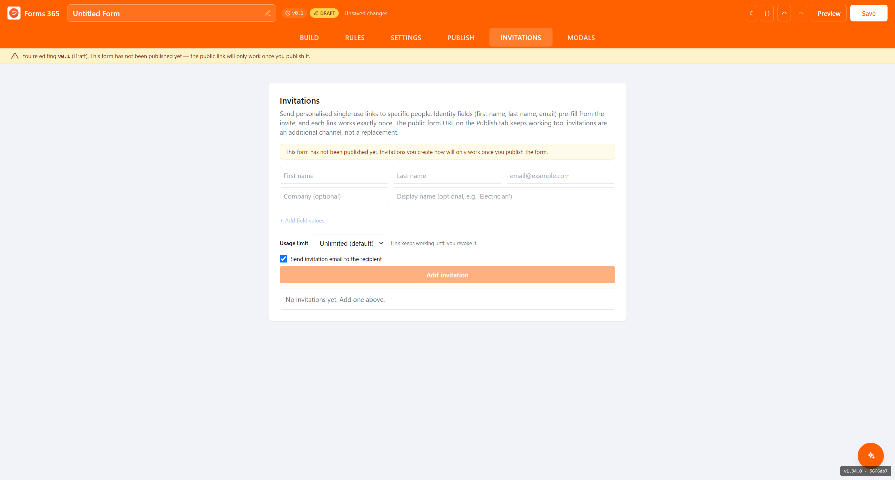 Forms365 Web personalised single-use invitation links