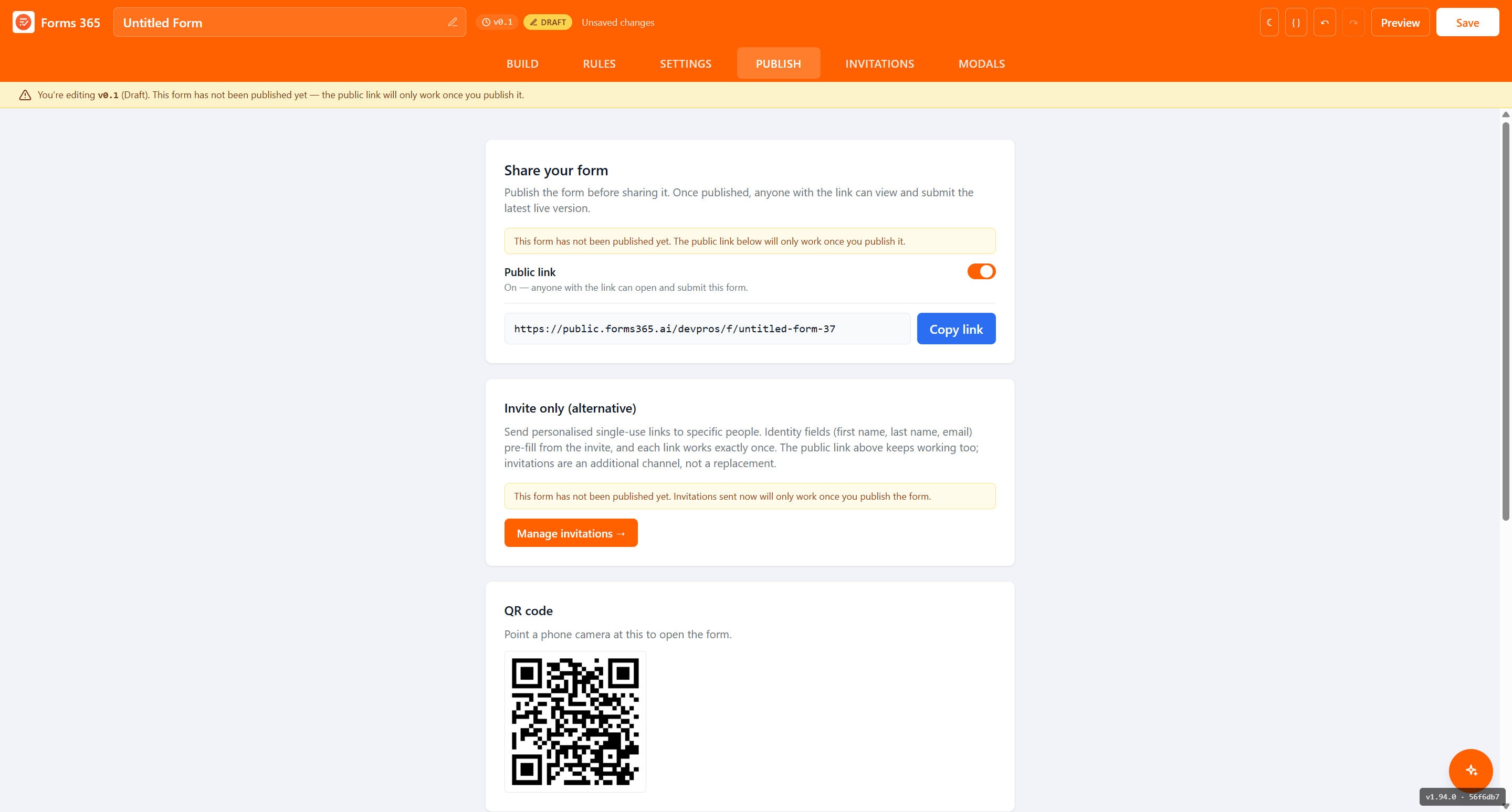 Forms365 Web publish screen with a no-login public link and QR code