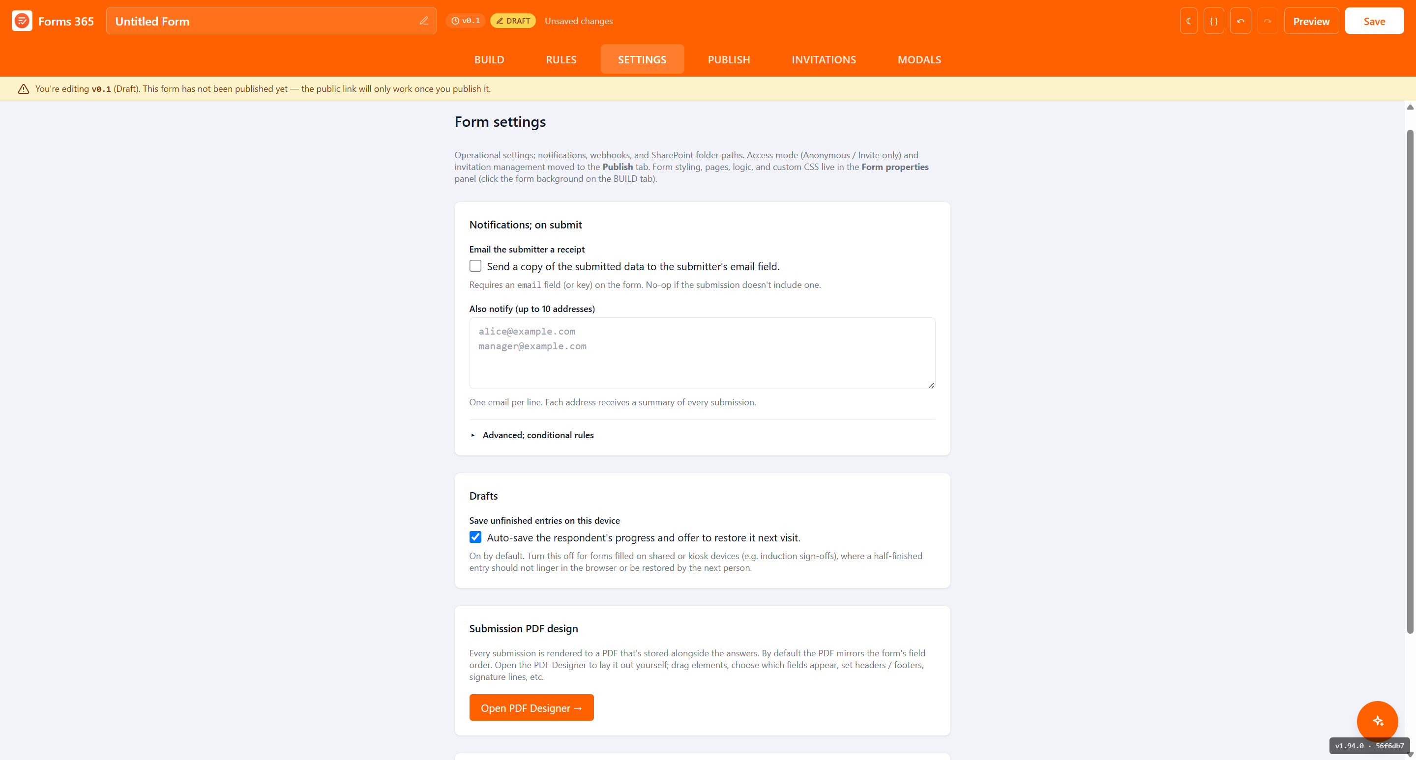 Forms 365 form settings: email notifications, auto-save drafts and submission PDF designer