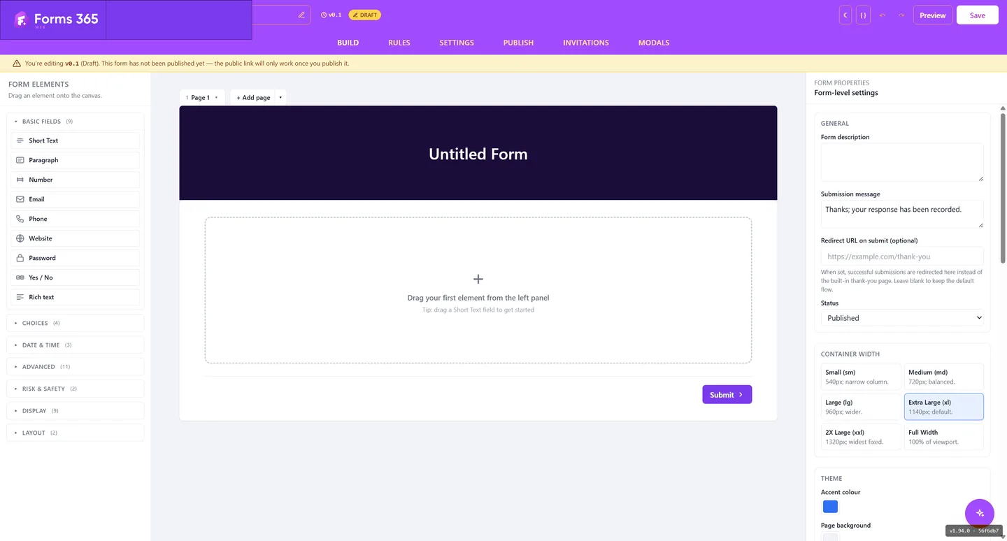 Forms 365 drag-and-drop form builder canvas with field palette