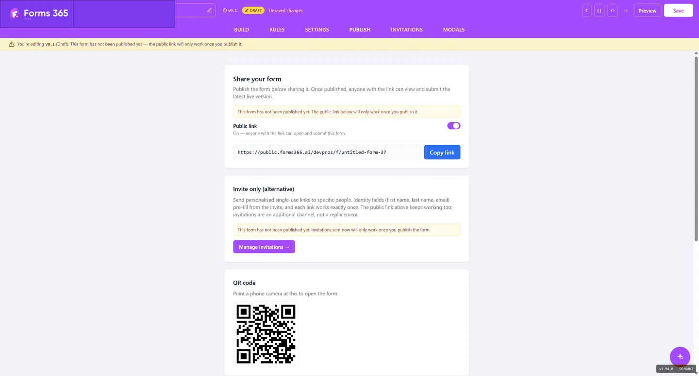 Forms 365 publish screen, share anywhere, control everything
