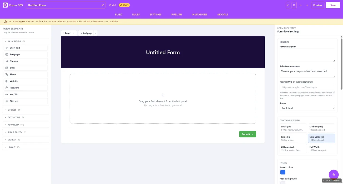 Forms365 Web drag-and-drop form builder showing the field panel and form canvas